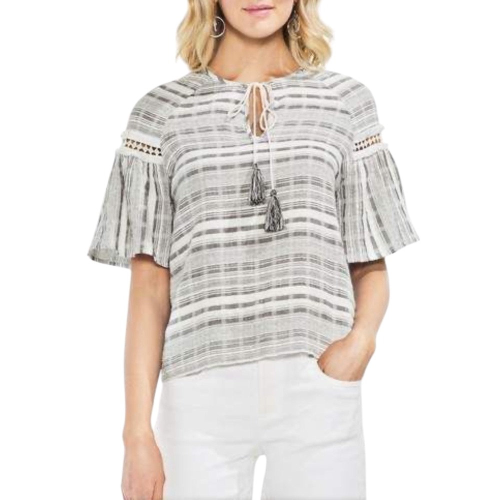 Vince Camuto Striped Tassel Top‎ Crochet Trim Flared Sleeve Blouse Size XL